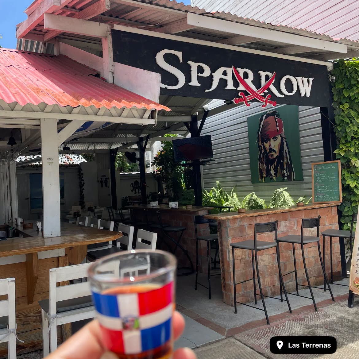 Sparrow's courtyard with brick bar, ferns and the pirate portrait